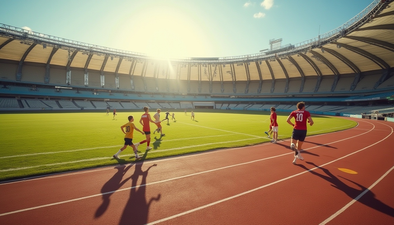 Prompt: Sports field, daytime, sunny weather, natural grass, sandstone track, curved lines, dynamic shapes, professional athletes, jogging, sprinting, stretching, sports equipment, goalposts, nets, scoreboard, stadium seating, warm atmosphere, soft sunlight, shallow depth of field, horizontal composition, vibrant colors.