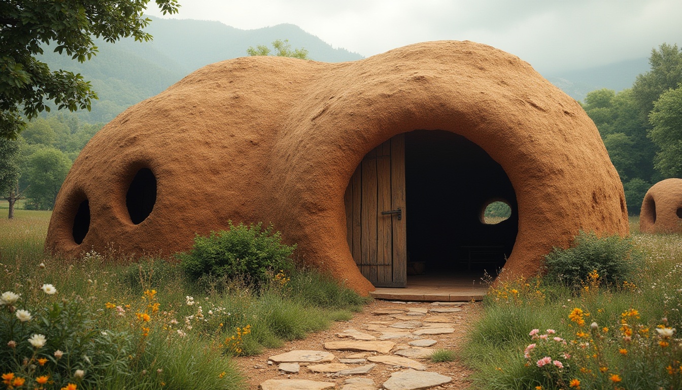 Prompt: Mud material, eco-friendly building, natural texture, earthy tone, rustic style, villa, countryside, greenery surroundings, flowers blooming, wooden door, stone path, overcast sky, warm soft lighting, 3/4 composition, shallow depth of field, realistic rendering, detailed mud patterns, rough surface, organic shape, blending with nature.