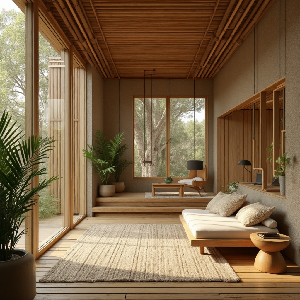 Prompt: Chukum material, sustainable design, eco-friendly architecture, modern building, natural texture, wooden structure, bamboo accents, minimalist interior, earthy tone, natural lighting, floor-to-ceiling windows, indoor plants, serene atmosphere, 3/4 composition, soft focus, warm color palette.