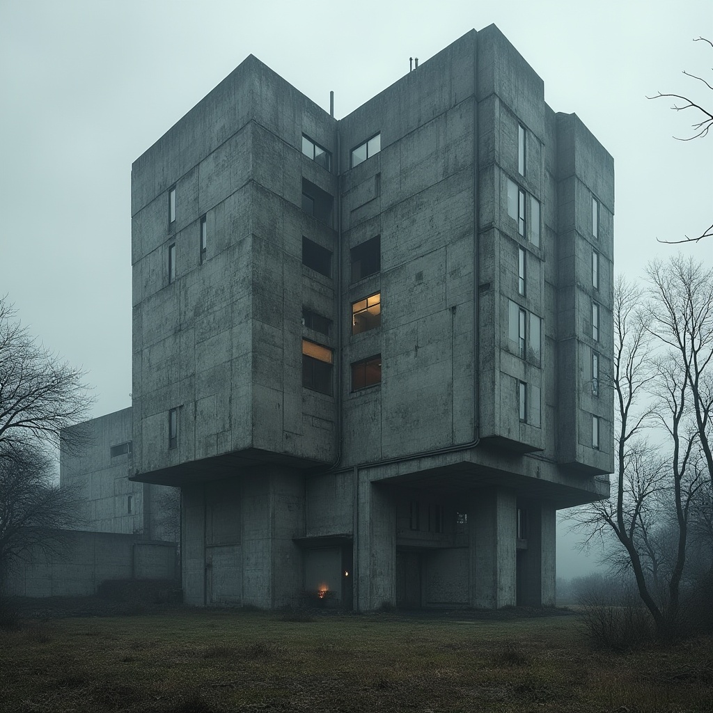 Prompt: Brutalist architecture, residential building, concrete structure, geometric shapes, fortress-like, massive scale, rugged texture, raw concrete finish, industrial windows, steel beams, urban landscape, cityscape, overcast sky, dramatic lighting, low-angle shot, cinematic composition, bold shadows, atmospheric mood, monumental feeling.