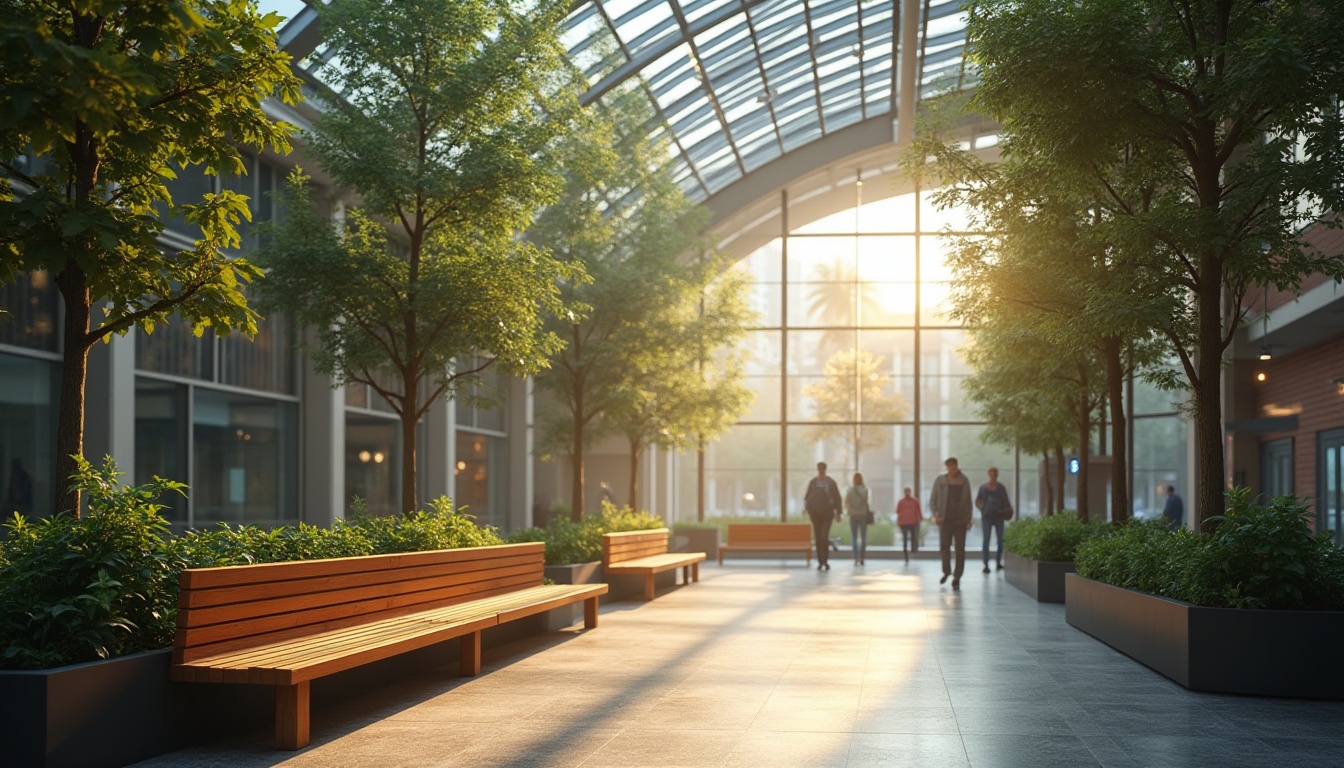 Prompt: Urban transit station, modern architecture, glass ceiling, natural light pouring in, greenery walls, wooden benches, comfortable seating area, warm lighting, cozy atmosphere, cityscape background, blurred pedestrians, rush hour scene, morning sunlight, shallow depth of field, inviting ambiance, minimalist design, urban oasis.