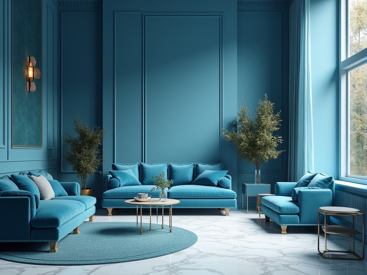 Prompt: Cerulean blue theme, modern interior design, sleek lines, minimalist approach, calming atmosphere, accent walls, geometric shapes, luxurious furniture, velvet sofas, metallic decorations, marble flooring, large windows, natural light pouring in, soft focus, 3/4 composition, shallow depth of field, warm tone, cinematic ambiance.