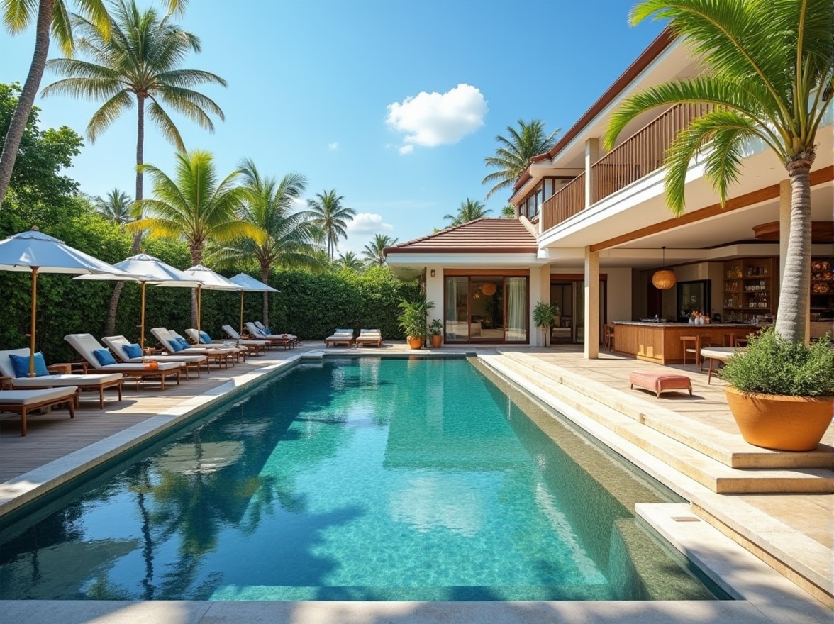 Prompt: Luxurious villa, backyard oasis, sunny day, clear blue sky, rectangular swimming pool, calm water reflection, lounge chairs, colorful towels, poolside bar, cocktail umbrellas, potted palm trees, tropical plants, natural stone flooring, wooden deck, stairs leading to the pool, shallow end steps, water feature wall, soft mist, warm lighting, afternoon ambiance, 3/4 composition, wide-angle lens.