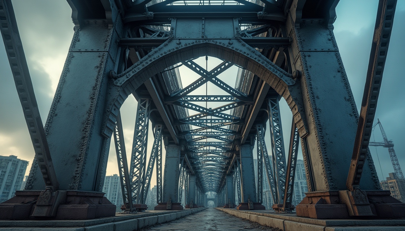 Prompt: Industrial bridge, steel beams, strong pillars, rivets, metallic texture, reflective surface, modern architecture, urban cityscape, cloudy sky, dramatic lighting, low-angle shot, symmetrical composition, depth of field, cinematic mood, realistic rendering, high-contrast tone, detailed bolts, robust trusses, cantilever design, suspension cables, sturdy foundations.