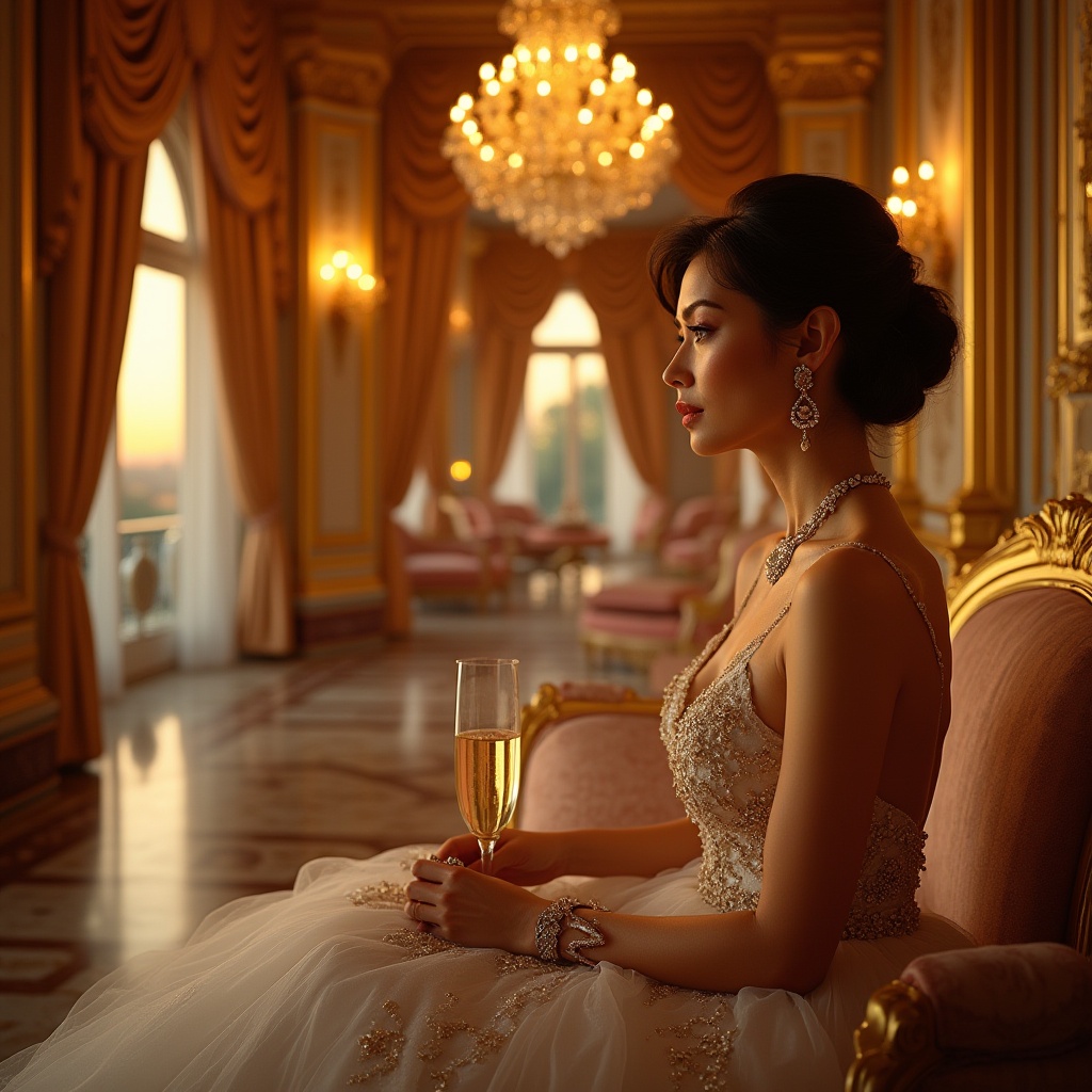 Prompt: Luxurious interior, golden colors, marble floors, ornate chandeliers, velvet drapes, lavish furniture, intricate patterns, golden accents, regal atmosphere, warm lighting, 3/4 composition, shallow depth of field, cinematic feel, soft focus, elegant woman, mature lady, jewelry, evening gown, champagne glass, luxurious villa, sunset view.