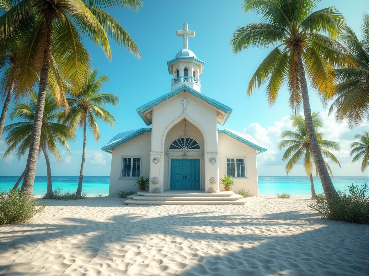 Prompt: Beachside church, tropical climate, coastal architecture, large windows, natural light, cross-shaped structure, white walls, blue roof, seashell decorations, palm trees surroundings, sandy beach, clear turquoise water, sunny day, gentle breeze, 3/4 composition, soft warm lighting, realistic, cinematic ambiance.