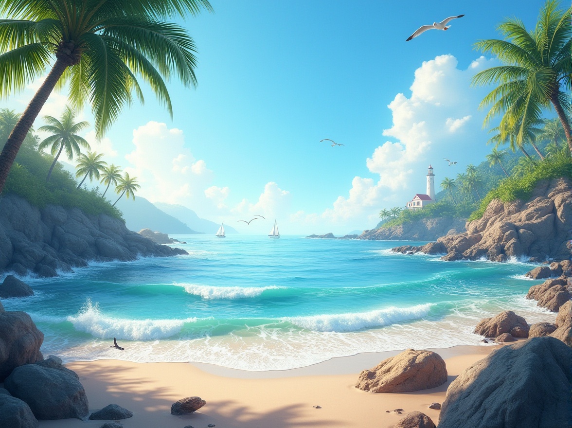 Prompt: Coastal scenery, serene atmosphere, sunny day, clear blue sky, gentle sea breeze, waves gently crashing on the shore, rocky cliffs, sandy beach, palm trees swaying, driftwood, seagulls flying overhead, sailboats in the distance, lighthouse standing tall, warm soft lighting, cinematic composition, 3/4 view, vivid colors, realistic texture.