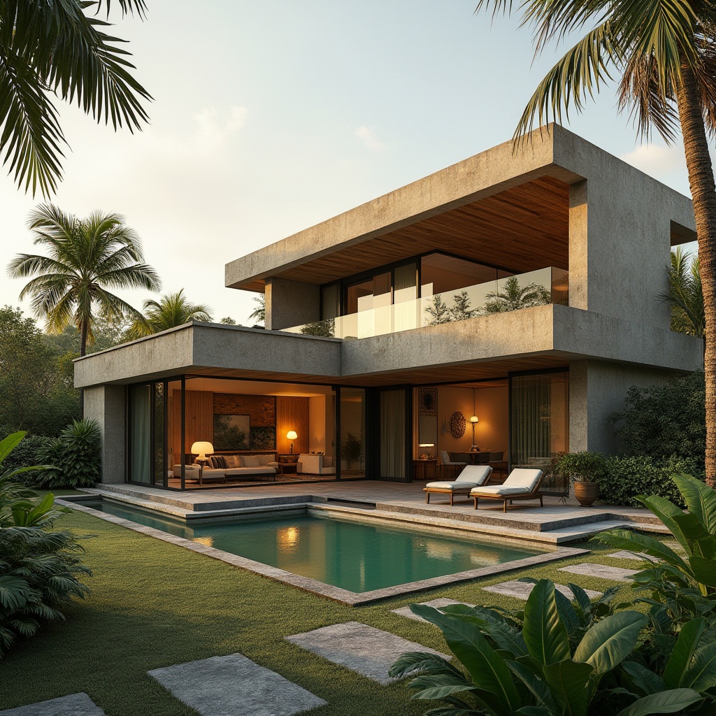 Prompt: villa, modernism, khaki color, exterior wall, concrete material, rough texture, rectangular shape, flat roof, large windows, sliding glass doors, greenery surroundings, tropical plants, palm trees, natural stone pathway, outdoor seating area, warm ambient lighting, afternoon sun, 3/4 composition, soft focus, cinematic mood.