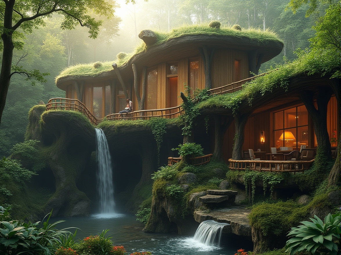 Prompt: Organic architecture, forest-inspired building, natural materials, wooden structure, stone walls, living green roof, vines crawling up columns, tree-like pillars, branch-inspired beams, leaf-patterned railings, earthy tone color palette, moss-covered exterior, waterfall feature, misty atmosphere, foggy morning, warm sunlight filtering through trees, dappled shadows on the forest floor, serene ambiance, harmonious coexistence with nature, natural light pouring in through large windows, blending seamlessly into the surrounding forest landscape.