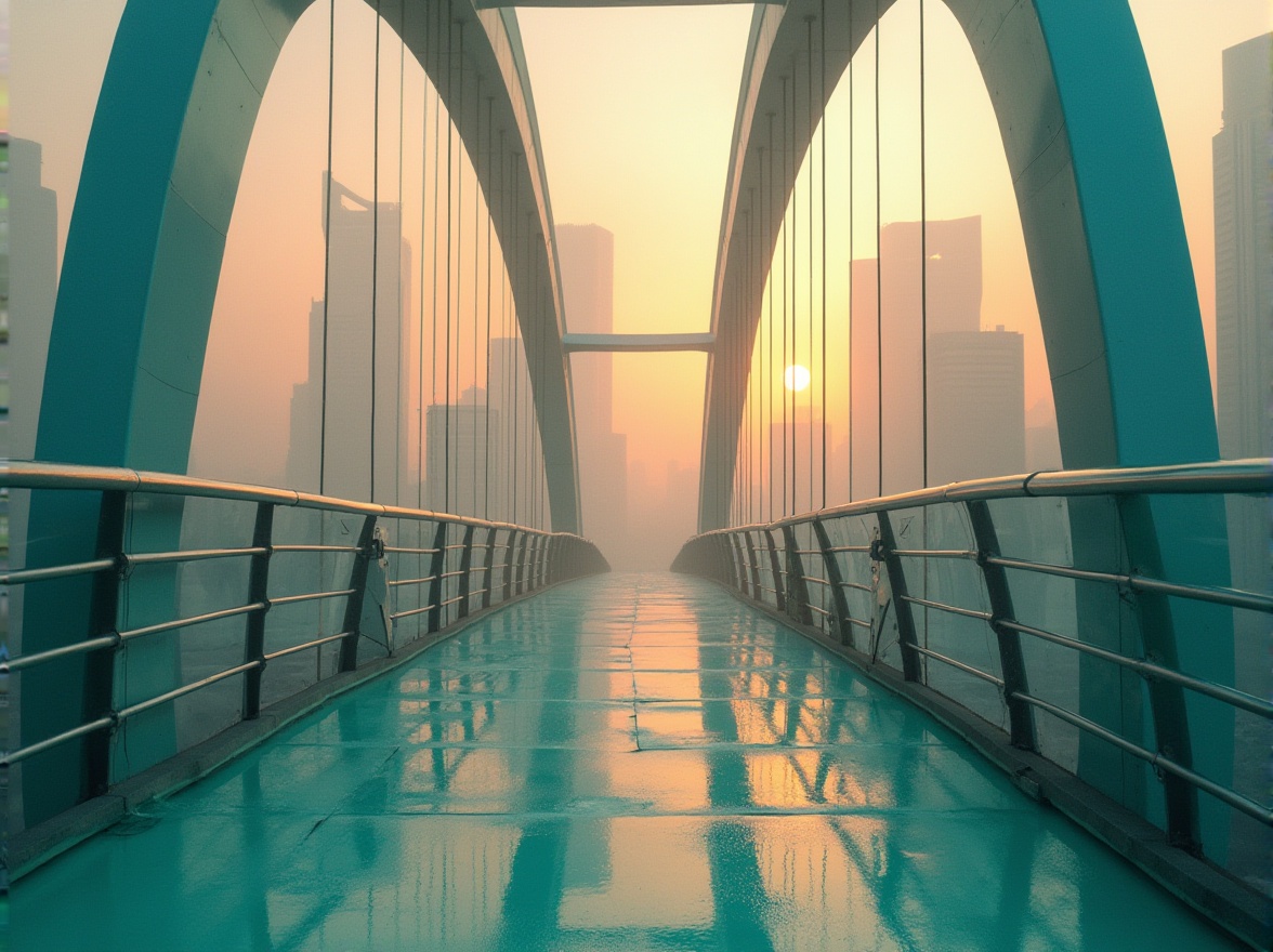 Prompt: Celadon-colored bridge, futuristic design, sleek lines, metallic material, glossy texture, urban cityscape, modern skyscrapers, misty atmosphere, warm lighting, sunset hour, low-angle shot, dramatic composition, vibrant Celadon hue, bold architectural structure, curved rails, minimalist accents.