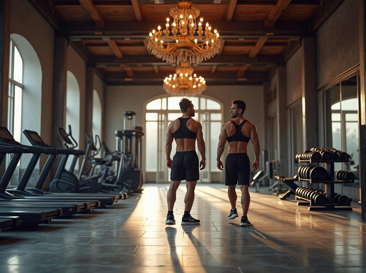 Prompt: Classic fitness club, luxurious interior design, incorporating steel material, steel beams, polished chrome equipment, wooden accents, marble floors, grand chandelier, high ceilings, large windows, natural light pouring in, 3/4 composition, low-angle shot, dramatic lighting, warm color tone, metallic texture, industrial feel, mature lady, muscular man, athletic wear, dynamic poses, strength training, Olympic weights, treadmills, exercise bikes, free weights area, mirrored walls, steel lockers, modern minimalism.