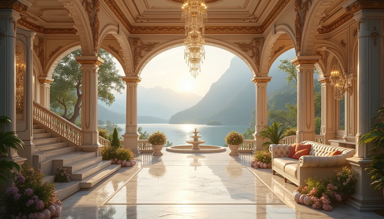 Prompt: Luxurious lakefront baroque style villa, grandiose marble columns, ornate carvings, white marble flooring, intricately designed fountain, majestic staircase, crystal chandelier, lavish velvet drapes, golden accents, elegant furniture, serene lake view, misty mountains in the distance, warm sunset lighting, soft ripples on the water surface, lush greenery surrounding the villa, blooming flowers, peaceful atmosphere, cinematic composition, 3/4 angle shot.