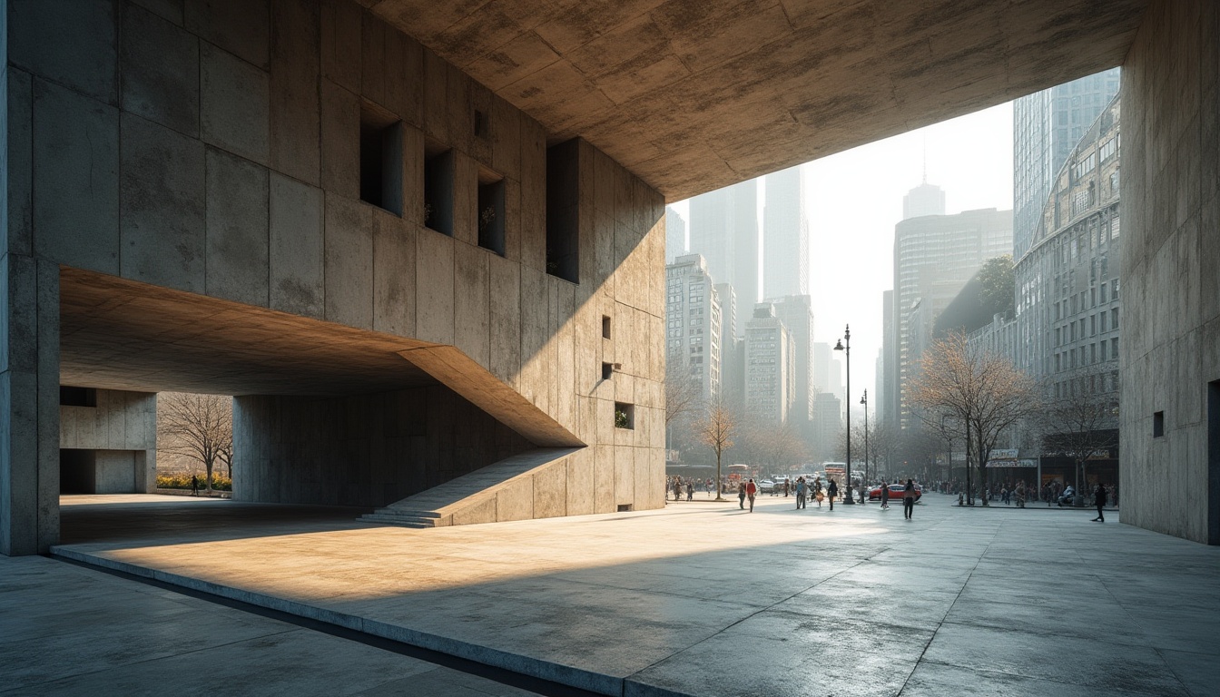 Prompt: Brutalist architecture, modern pavilion, concrete structure, rugged texture, geometric shape, angular lines, minimalist decoration, industrial materials, steel beams, exposed ductwork, vast open space, natural light pouring in, dramatic shadows, urban cityscape, busy streets, skyscrapers nearby, afternoon sunlight, high contrast, sharp angles, cinematic composition, symmetrical balance, brutalist elements, modernist twist.