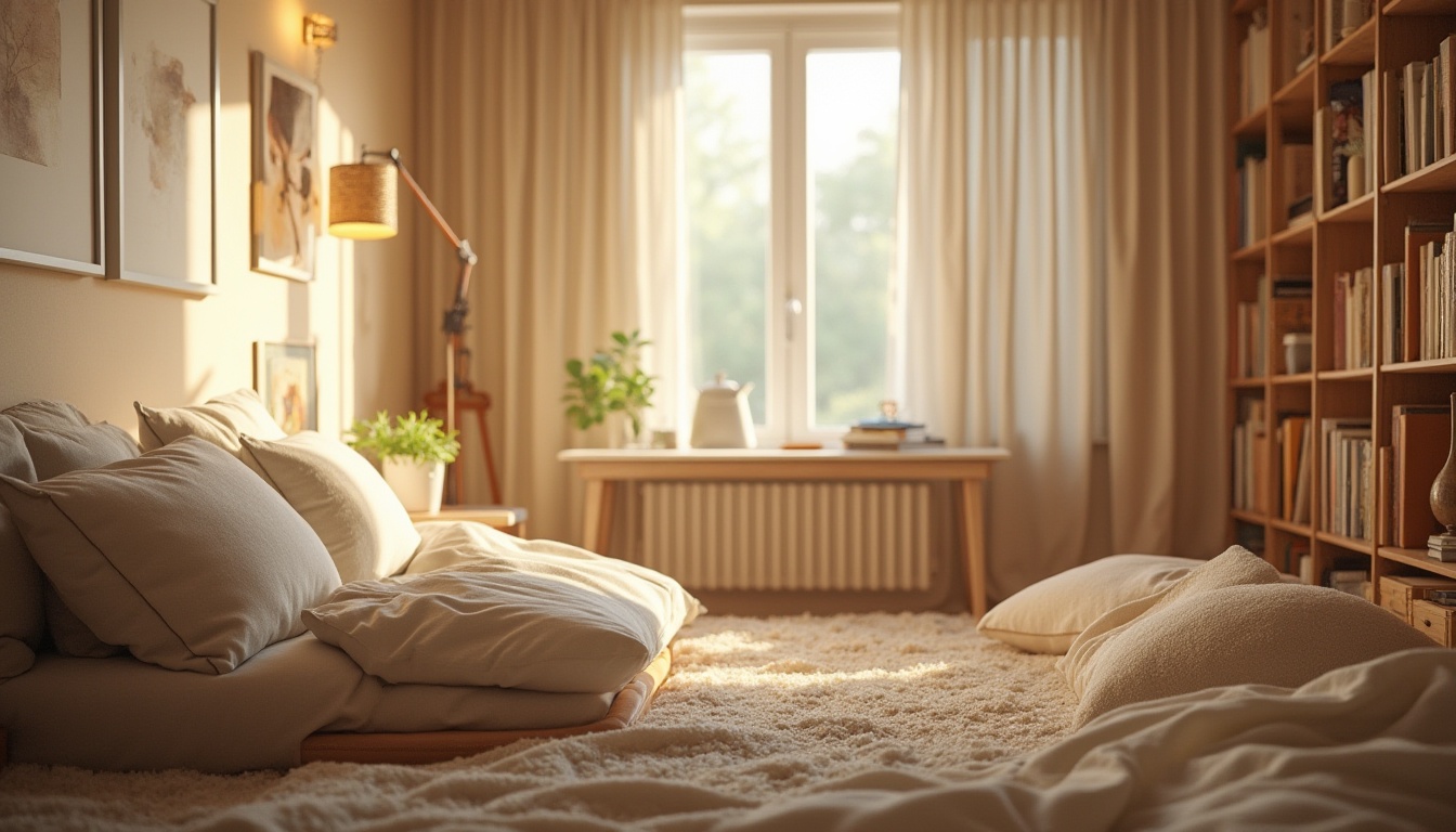 Prompt: Cozy dorm room, beige color palette, warm atmosphere, comfortable bedding, pillows in various sizes, wooden desk with lamp, bookshelf filled with novels, soft carpet, gentle folds, minimal decor, calming ambiance, natural light streaming through window, gentle curtains, peaceful studying environment, quiet and serene, 3/4 composition, soft focus, warm lighting.