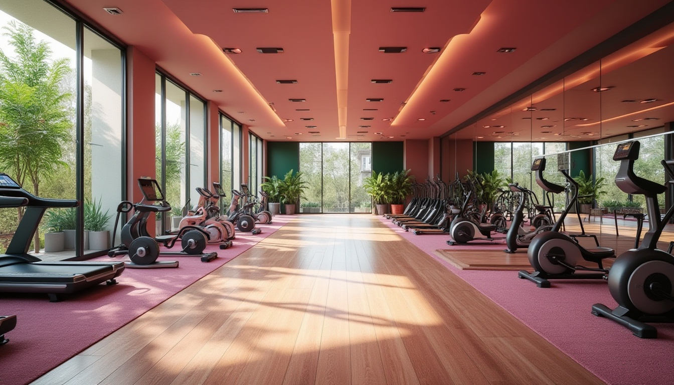 Prompt: Modern fitness club interior, orchid color accents, elegant atmosphere, luxurious carpet, sleek wooden floor, futuristic exercise equipment, metallic frame mirrors, large windows, natural light pouring in, tropical plants, green walls, calm ambiance, afternoon sunlight, soft focus, shallow depth of field, warm tone, vibrant color contrast, dynamic composition, 3/4 view.