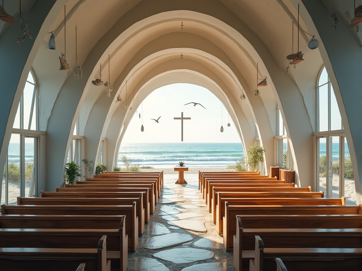 Prompt: Coastal church, modern architecture, Chukum material façade, wave-inspired curves, natural light pouring through large windows, dramatic high ceiling, wooden pews, nautical-themed decorations, sailboat models hung from ceiling, floor-to-ceiling pillars, subtle ocean-blue accents, soft warm lighting, panoramic view of the sea, seagulls flying outside, gentle ocean breeze, sandy beach surroundings, driftwood sculptures, rustic metal door handles, weathered stone pathways.