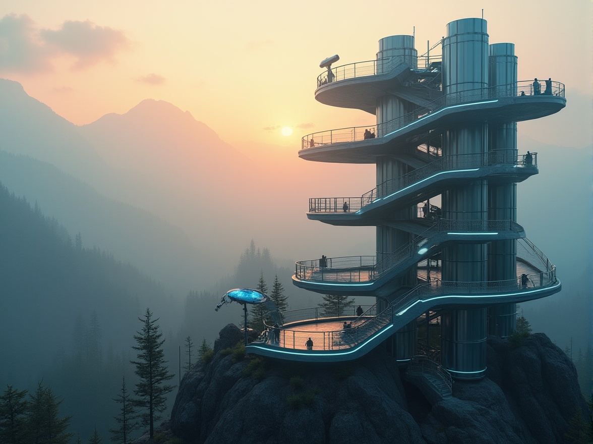 Prompt: Watching towers, plateaus, futuristic, sleek design, metallic material, silver color, neon lights, ladder-like stairs, curved lines, geometric shapes, observation decks, binoculars, misty atmosphere, foggy morning, mountainous landscape, rocky terrain, pine trees, distant valley, sunrise lighting, dramatic composition, cinematic mood.