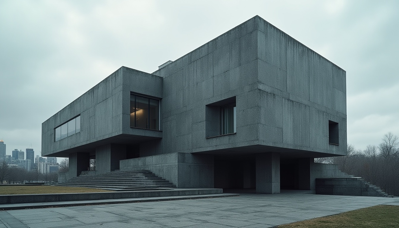 Prompt: Brutalist architecture, modern building, granite material, rough texture, dark grey color, geometric shape, fortress-like structure, monumental scale, urban landscape, cityscape, overcast sky, dramatic lighting, low-angle shot, wide-angle lens, strong contrast, high dynamic range, architectural photography, detailed rendering.