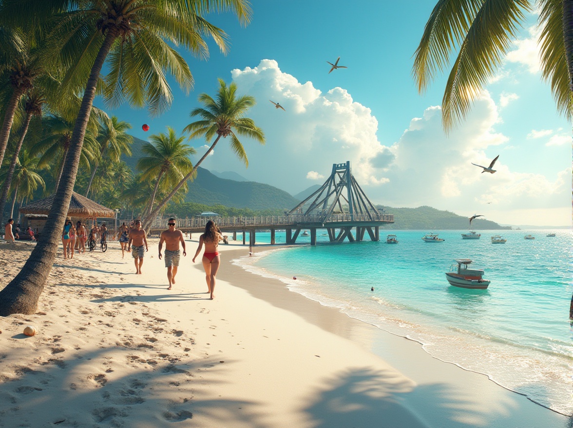 Prompt: Seaside beach, tropical atmosphere, crystal clear turquoise water, white sandy shore, palm trees swaying gently, a majestic bridge, modern architecture, steel beams, wooden planks, connecting two islands, people walking or cycling across, joyful expressions, sunglasses, summer outfits, beach balls flying high, seagulls soaring above, warm sunset light, dramatic shadows, 3/4 composition, cinematic mood.