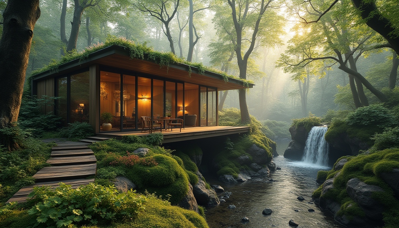 Prompt: Natural, forest-inspired architecture, modern villa, wooden structure, green roof, living walls, large windows, sliding glass doors, open floor plan, natural light, cozy atmosphere, surrounded by tall trees, lush foliage, forest floor, moss, ferns, wildflowers, winding stone path, wooden bridge, serene waterfall, misty morning, warm sunlight filtering through leaves, cinematic composition, atmospheric perspective, ambient occlusion, soft focus, realistic rendering.