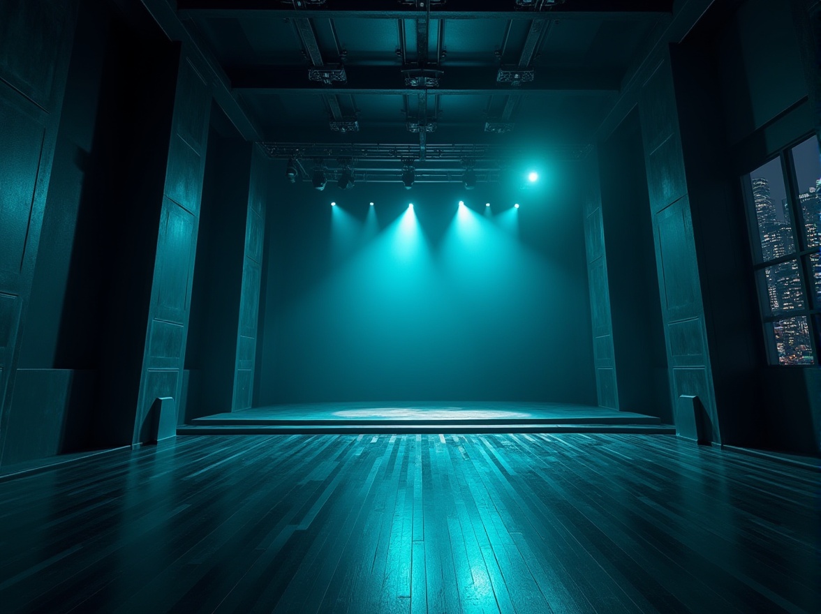 Prompt: Dark cyan walls, modern concert house interior, sleek lines, geometric shapes, minimalist decor, spotlights on stage, glossy finish, metallic accents, dark wood flooring, ambient lighting, subtle shadows, 3/4 composition, low-angle shot, dramatic atmosphere, futuristic vibe, urban nightlife, cityscape outside windows, skyscraper backdrop, panoramic view.