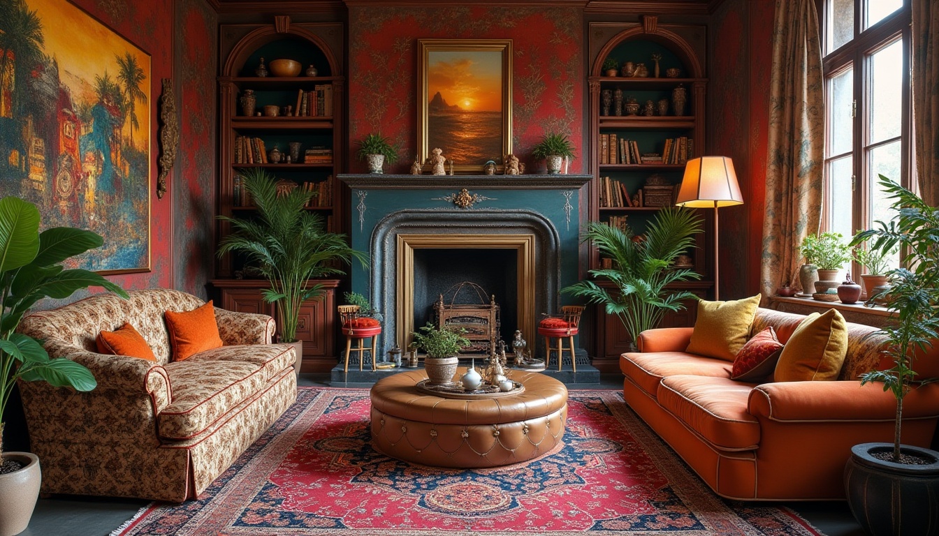 Prompt: Eclectic interior, vibrant colors, bold patterns, mixed textures, ornate furniture, luxurious fabrics, antique decorations, vintage accessories, bohemian style, global inspirations, cultural fusion, rich details, opulent atmosphere, warm lighting, cozy nooks, statement pieces, unexpected contrasts, artistic expressions.