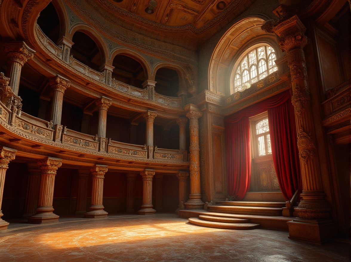 Prompt: Byzantine theater interior, grand ornate architecture, sandstone walls, intricate carvings, golden mosaics, high ceilings, dim warm lighting, dramatic shadows, red velvet curtains, ornate balconies, ancient Greek-inspired statues, marble columns, luxurious fabrics, rich textures, detailed stonework, historic atmosphere, cinematic composition, low-angle shot, warm color palette, antique objects.