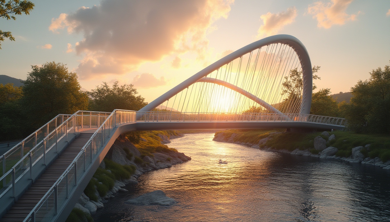 Prompt: Modern pedestrian bridge, minimalist style, steel structure, sleek lines, silver color, glass railing, wooden deck, natural texture, riverbank setting, sunset time, warm golden light, soft shadows, gentle water flow, lush greenery surroundings, few pedestrians walking, calm atmosphere, 3/4 composition, low-angle shot, cinematic lighting.