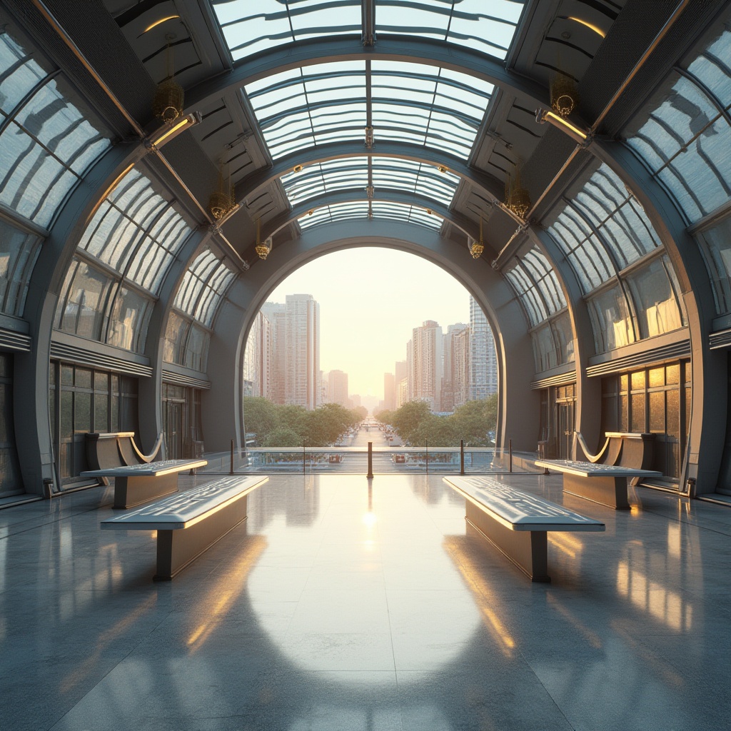 Prompt: Streamlined tram station, modern architecture, grand entrance, curved lines, metallic materials, silver accents, glass roofs, natural light pouring in, elegant chandeliers, marble flooring, sleek benches, minimalist decorations, urban landscape, city skyline, busy streets, morning rush hour, soft warm lighting, shallow depth of field, symmetrical composition.