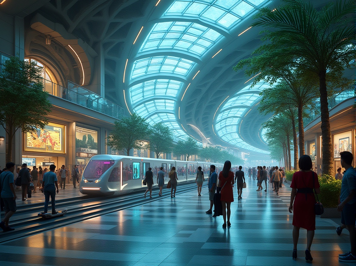 Prompt: Futuristic transportation hub, sleek curved architecture, glowing neon lights, transparent glass roof, bustling atmosphere, people of diverse ages, cultures, and styles, hoverboards, flying cars, hyperloop tubes, robotic assistants, interactive information screens, holographic advertisements, lush green walls, self-sustaining ecosystem, solar panels, wind turbines, eco-friendly materials, vibrant LED lighting, 3/4 composition, low-angle shot, dynamic motion blur.