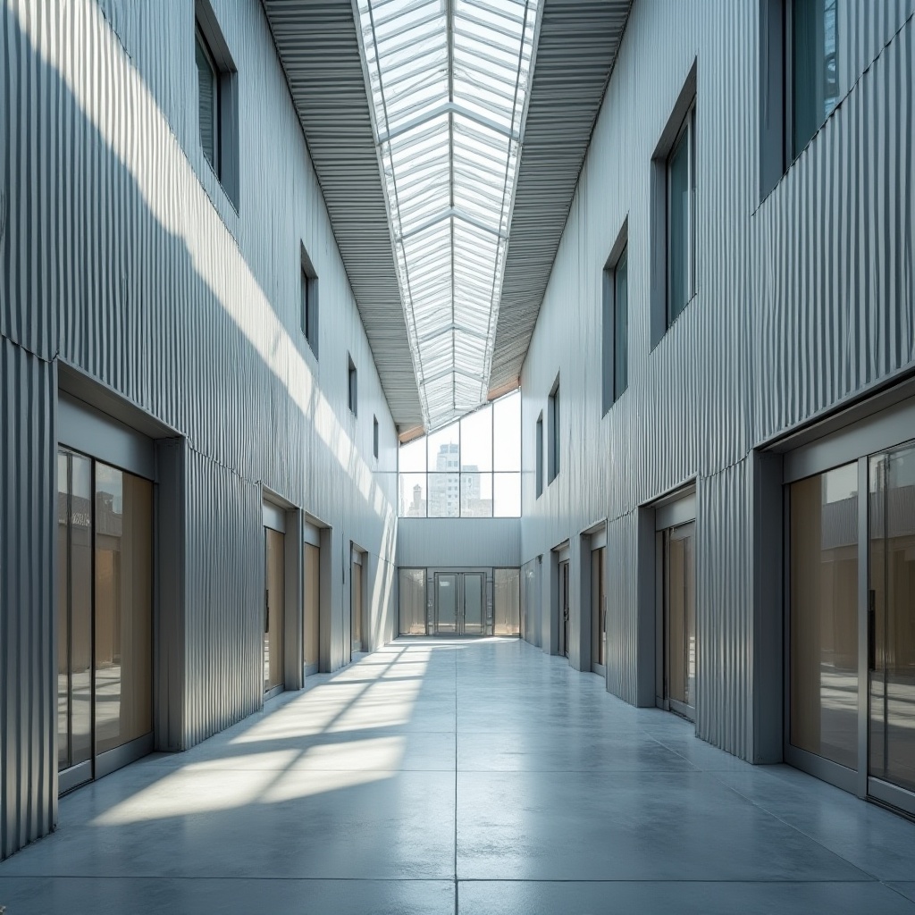 Prompt: Modern school design, corrugated metal, exterior walls, silver color, metallic texture, industrial look, angular lines, geometric shape, rectangular windows, steel door frames, concrete floors, minimalist interior, natural light pouring through clerestory windows, urban background, cityscape view, 3/4 composition, softbox lighting.