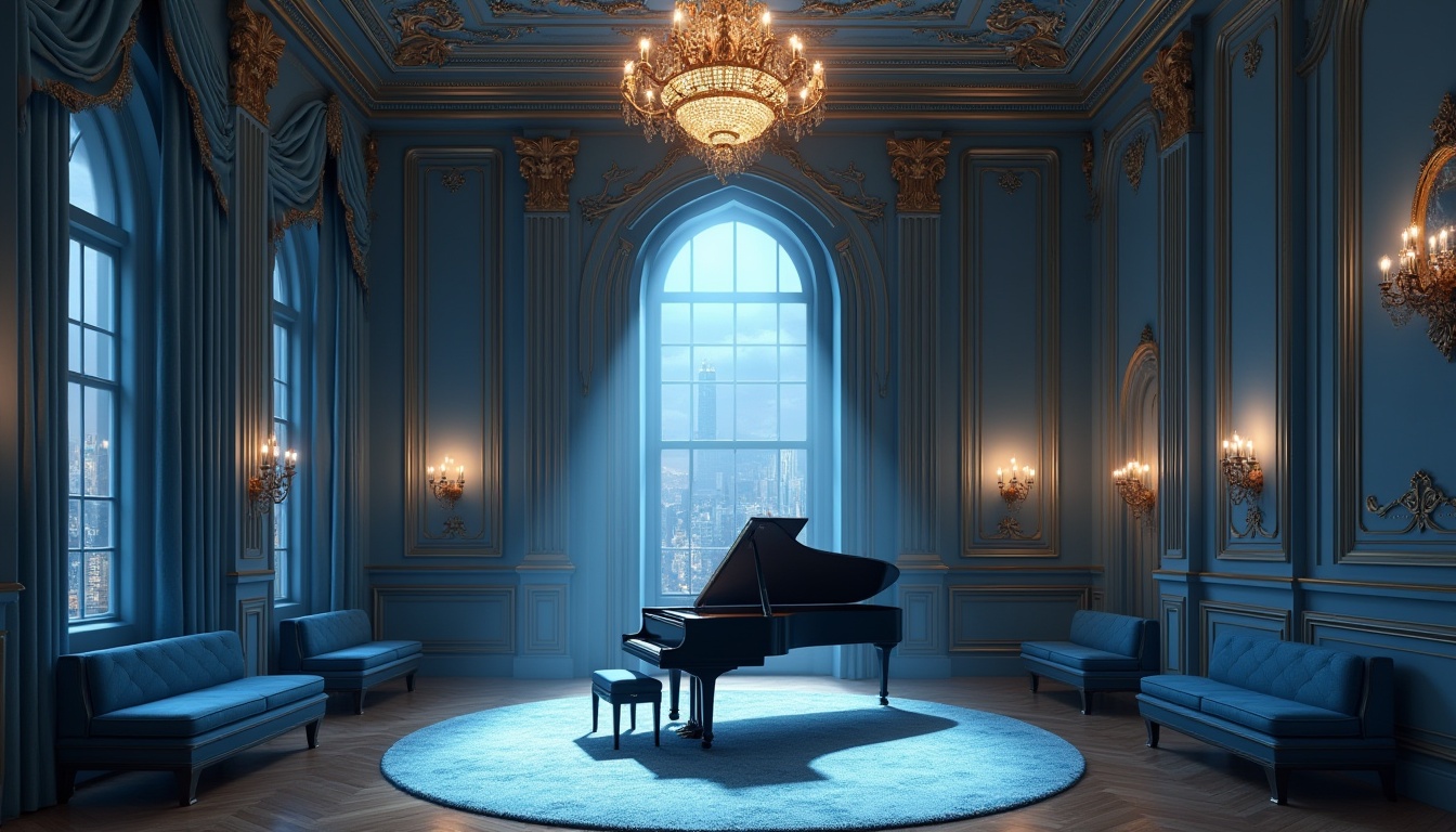 Prompt: Powder blue music venue, luxurious interior design, solo grand piano, spotlight shining down, powder blue walls, ornate golden frames, velvet curtains, soft glowing chandeliers, polished wooden floors, elegant high ceilings, intimate setting, warm ambiance, evening atmosphere, cityscape outside, skyscraper views, panoramic windows, 3/4 composition, shallow depth of field, cinematic lighting.