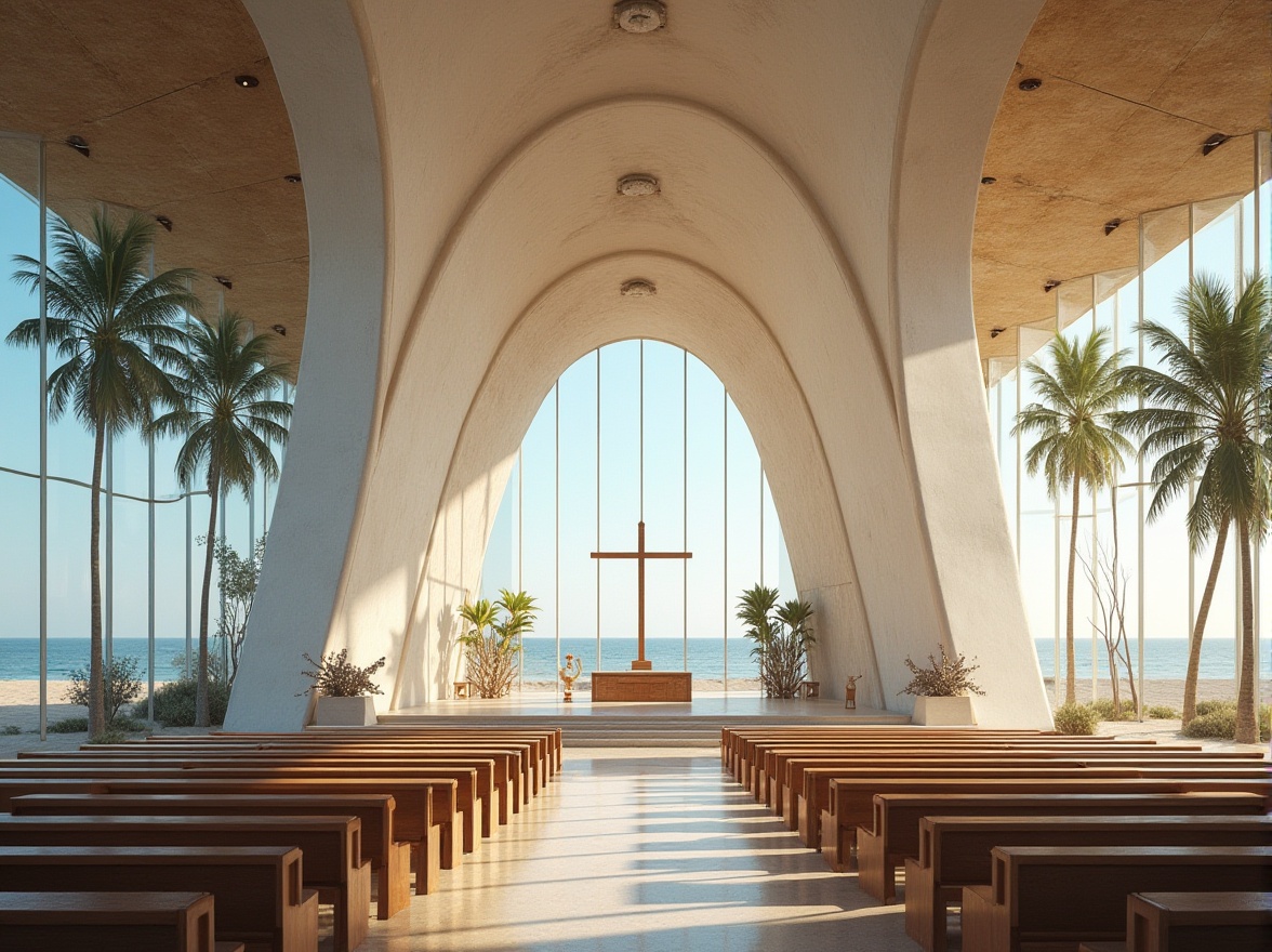 Prompt: Coastal church, modern architecture, large glass windows, white stone walls, curved lines, minimalist design, Chukum material roof, rustic wood accents, nautical decorations, seashells, driftwood, ocean-inspired sculptures, interior lighting, soft ambient glow, warm beige tones, comfortable pews, worship area, altar, priest's podium, stained glass windows, beachside location, palm trees, sandy dunes, clear blue sky, sunny day, gentle sea breeze, panoramic view, symmetrical composition, natural materials, earthy texture.