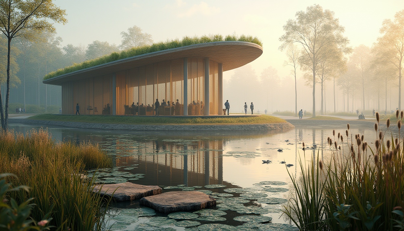 Prompt: Eco-friendly pavilion, modern architecture, wetland environment, serene atmosphere, green roof, wooden columns, natural materials, mesh walls, open structure, panoramic view, reflections on water, surrounding reeds, cattails, and lily pads, misty morning, warm sunlight filtering through fog, shallow water pools, stepping stones, boardwalks, educational signs, bird watching areas, peaceful ambiance, soft natural lighting, cinematic composition, 3/4 angle shot.