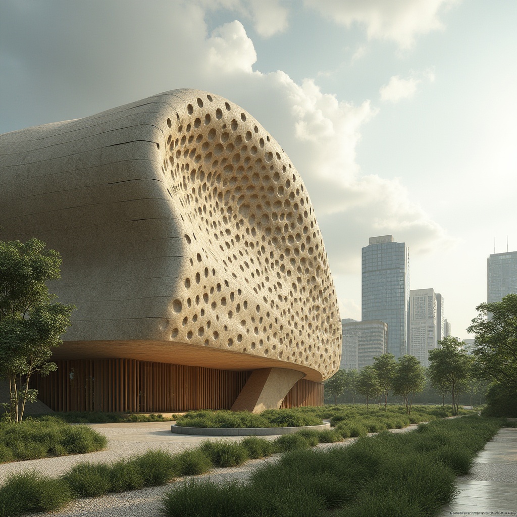 Prompt: Chukum material, sustainable design, modern architecture, building facade, wavy pattern, natural texture, earthy tone, eco-friendly, green technology, futuristic cityscape, skyscraper, urban landscape, cloudy sky, soft sunlight, 3/4 composition, shallow depth of field, minimalist style.