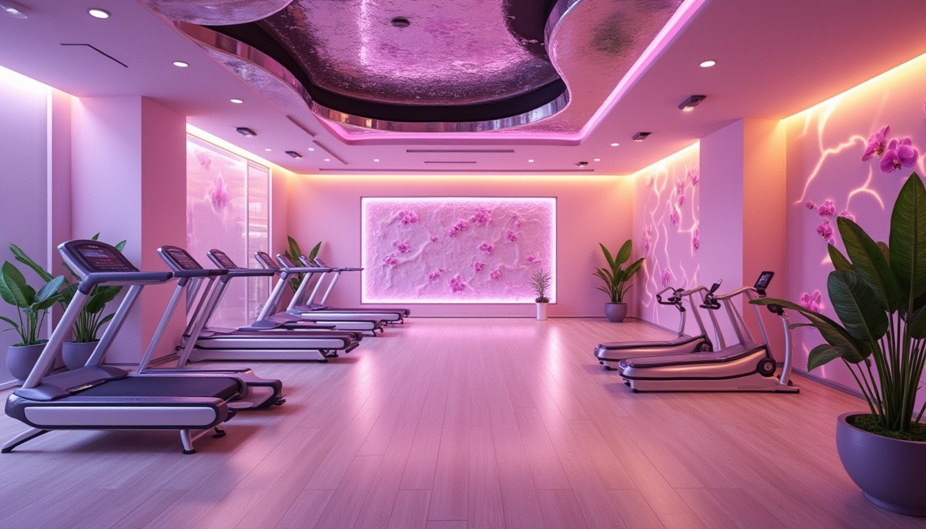 Prompt: Orchid color themed fitness club interior, modern minimalist style, sleek lines, abstract orchid patterns on walls, pastel purple tone, soft glowing neon lights, metallic silver equipment, futuristic mirrored ceiling, wooden floor, tropical plants, water feature wall, calm ambiance, morning sunlight, shallow depth of field, 3/4 composition, warm color temperature, high contrast, soft focus.