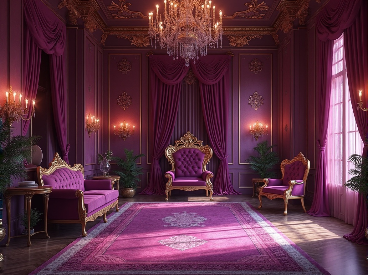 Prompt: Rich amethyst color, luxurious ambiance, ornate decorations, velvet drapes, crystal chandeliers, lavish furniture, regal throne, golden accents, intricate patterns, opulent fabrics, majestic architecture, grand staircase, elegant corridor, warm softbox lighting, shallow depth of field, cinematic composition.