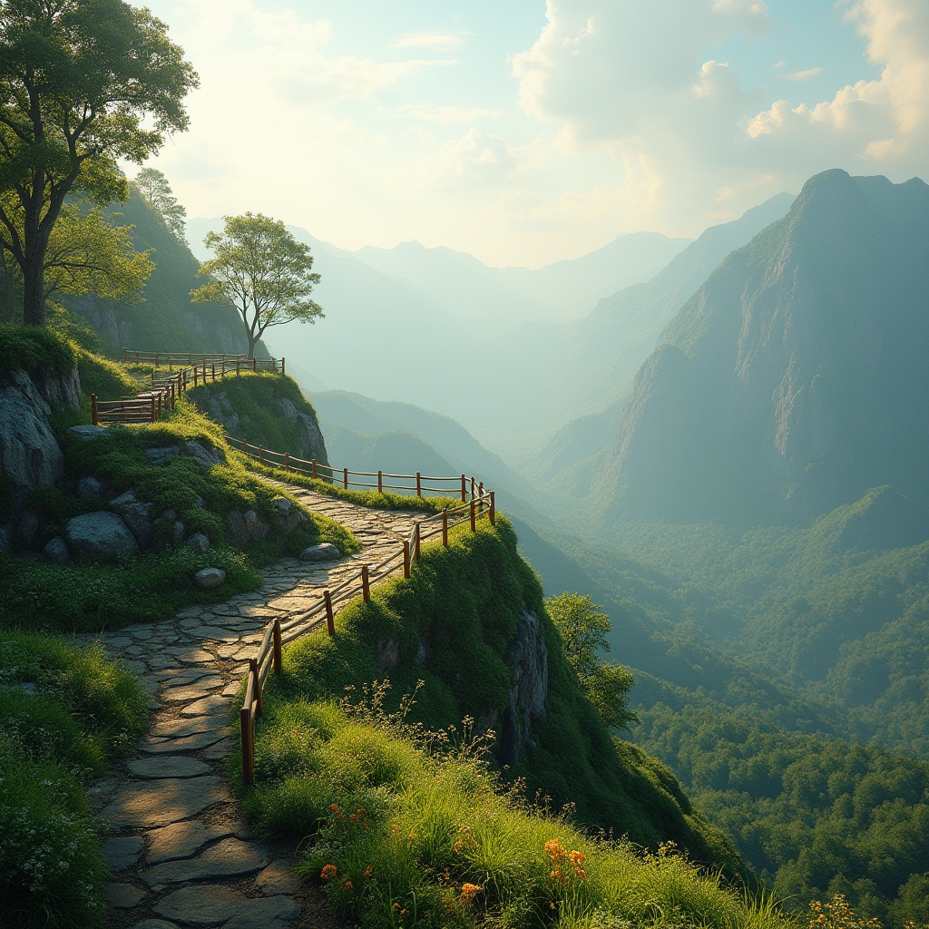 Prompt: Plateau, spectator experience, enhanced view, elevated platform, 360-degree panoramic view, mountainous landscape, lush green grass, scattered trees, winding stone stairs, wooden railings, vibrant wildflowers, gentle breeze, warm sunlight, distant misty mountains, cinematic composition, high angle shot, natural lighting, realistic textures, detailed environment, serene atmosphere.