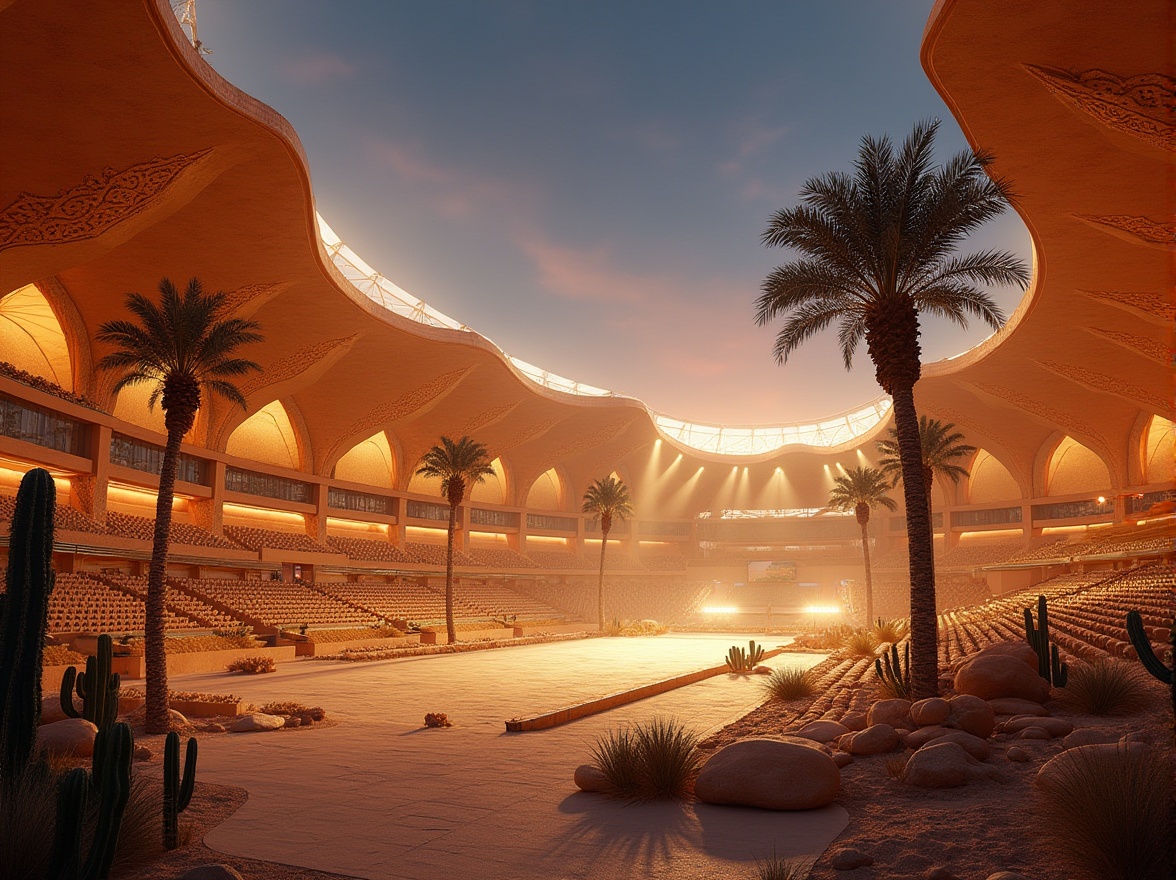 Prompt: Desert stadium, Arabian nights, majestic architecture, sandy dunes-inspired grandstand, cacti decorations, palm tree-lined entrance, golden sand-colored seating, intricate Moorish patterns on walls and floors, dramatic spotlights, warm sunset hues, vast open spaces, abstract sandstorm-inspired sculptures, undulating roofline resembling desert waves, transparent glass façade, futuristic LED lighting, 3/4 composition, low-angle shot.