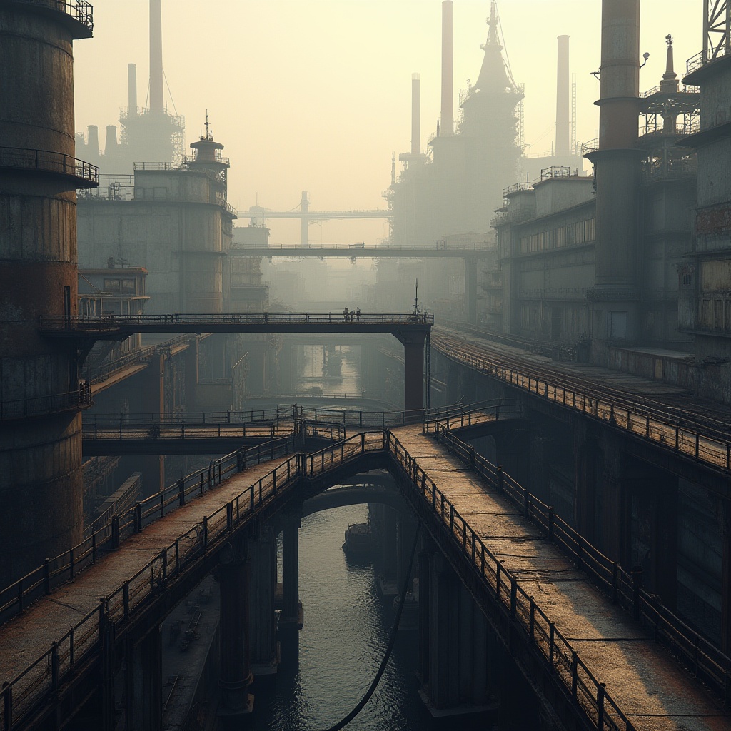 Prompt: Industrial area, integrating pedestrian bridges, steel beams, metal railings, concrete pillars, modern urban planning, cityscape, elevated walkway, connecting buildings, factories, warehouses, smokestacks, cranes, pipes, rusty textures, metallic reflections, misty atmosphere, morning fog, soft warm lighting, 3/4 composition, cinematic mood.