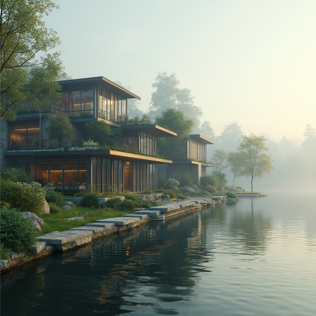 Prompt: Lakefront, factory, green architecture, modernized industrial building, glass walls, steel frames, sloping roofs, solar panels, green roof, vertical garden, water feature, stepping stones, lake reflection, ripples on the water surface, surrounding trees, natural ambiance, soft warm lighting, early morning mist, panoramic view, 3/4 composition, ambient occlusion, cinematic atmosphere.