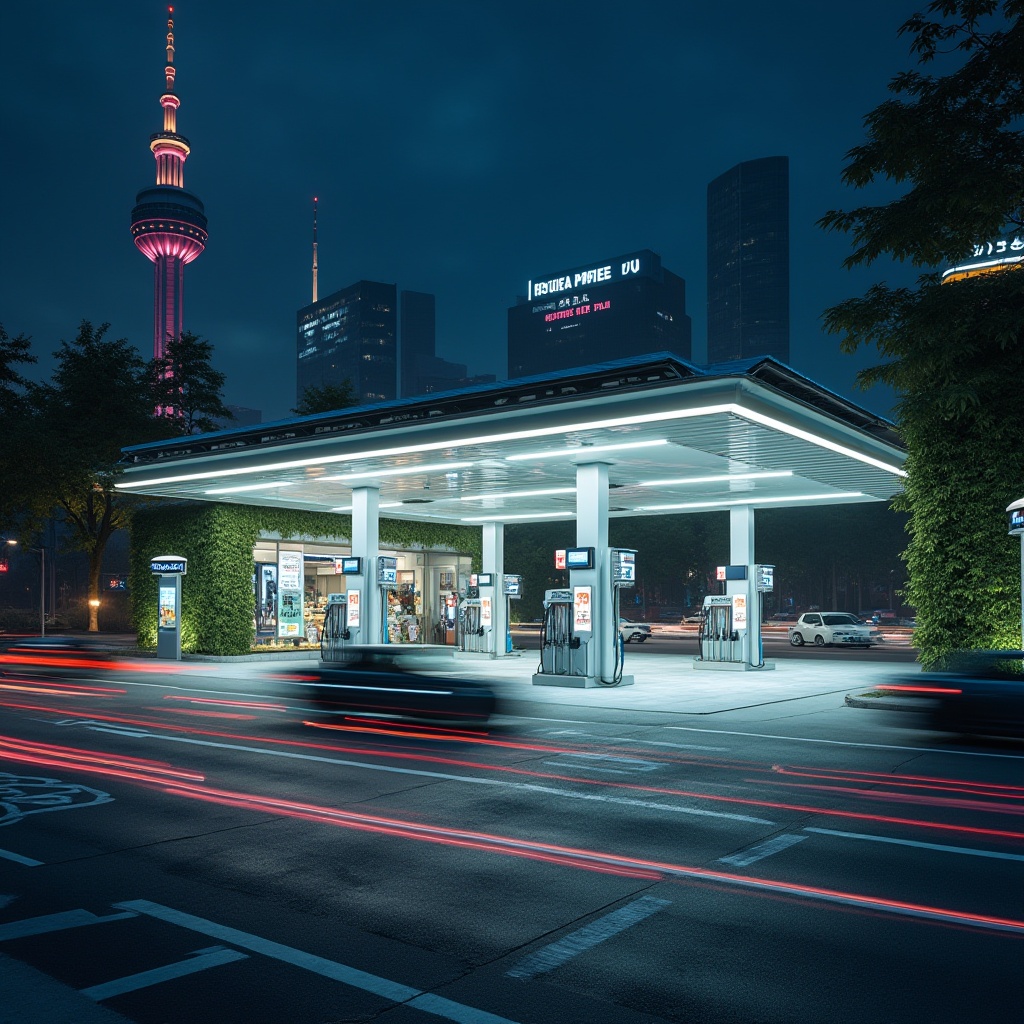 Prompt: Modern gas station, futuristic architecture, sleek lines, LED lights, minimalist design, large glass windows, automatic sliding doors, self-service kiosks, digital payment screens, eco-friendly materials, solar panels on roof, green walls with vines, urban cityscape background, busy streets, cars driving by, night scene with neon lights, cinematic composition, shallow depth of field, vivid colors, high contrast, 3/4 view angle.