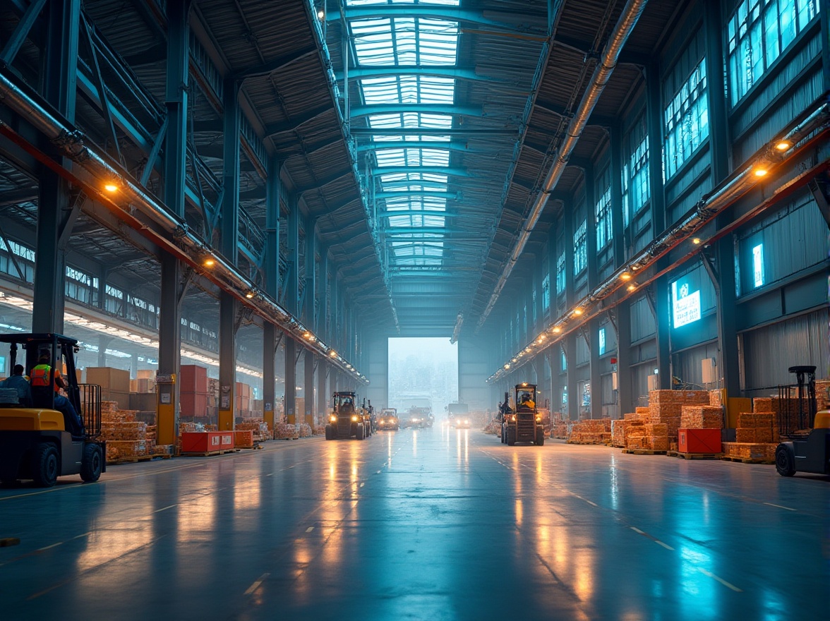 Prompt: Modern distribution center, international style, minimalist architecture, steel beams, glass walls, polished concrete floor, sleek lines, futuristic ambiance, cityscape background, urban atmosphere, busy streets, blurred vehicles, LED signage, vibrant neon lights, cargo containers stacked, forklifts moving, workers in orange vests, high ceilings, industrial pipes, natural light pouring through skylights, dynamic composition, low-angle shot, cinematic lighting, HDR effect.