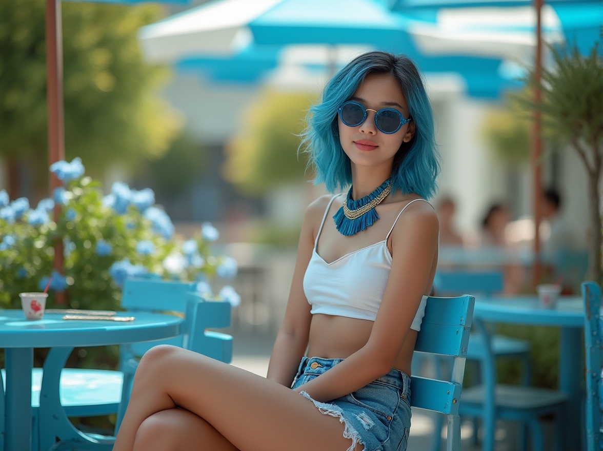 Prompt: Vibrant atmosphere, blue dominant color palette, bright sunny day, outdoor cafe setting, trendy young woman, 20s, casual wear, ripped denim shorts, white crop top, blue sunglasses, bold blue hair highlights, statement blue necklace, relaxed pose, one leg crossed over the other, sitting on a blue metal chair, surrounded by blue and white striped umbrellas, lush greenery, blooming blue flowers, warm lighting, shallow depth of field.