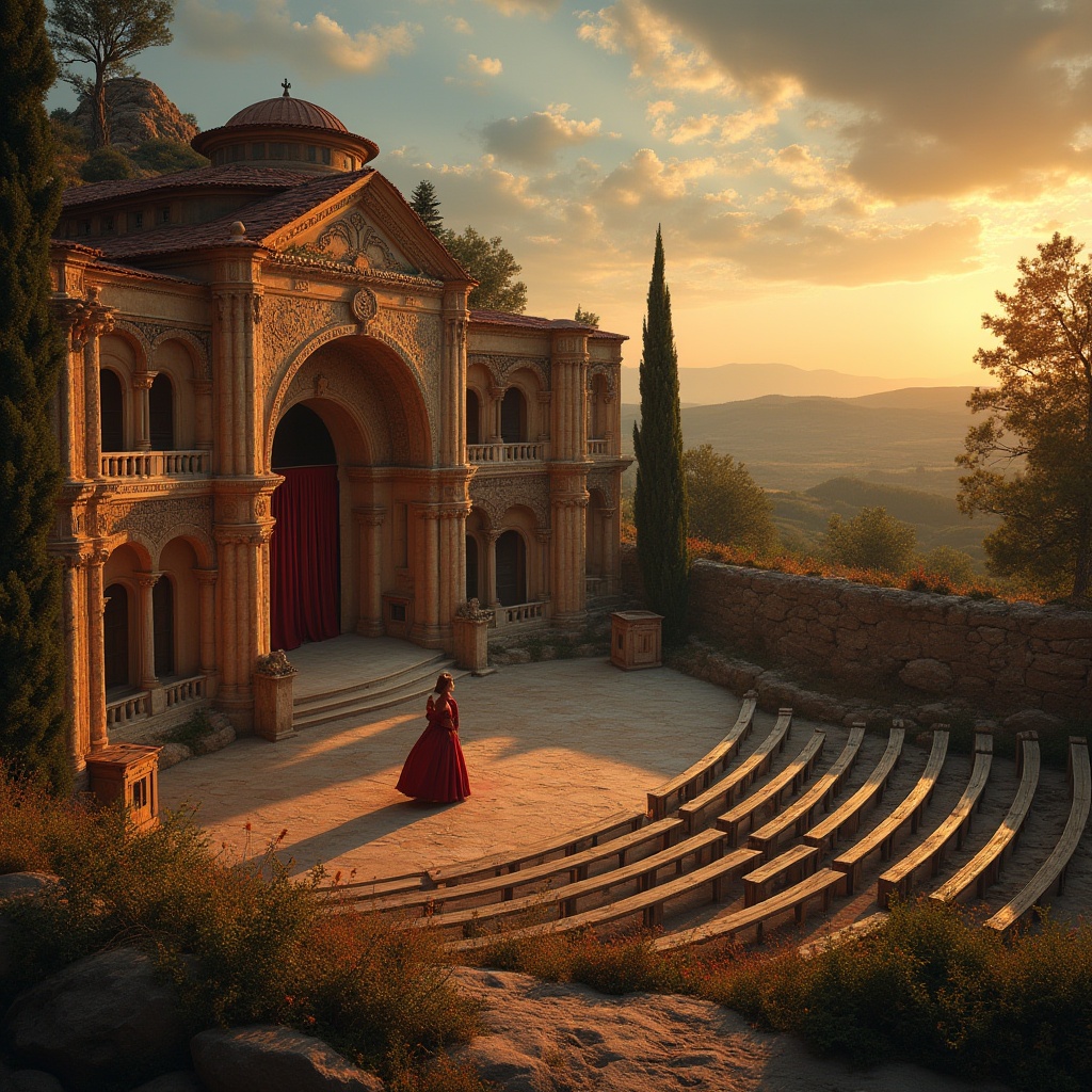 Prompt: Rural theater, Byzantine architecture, evening sunset, warm golden lighting, intricate stone carvings, ornate mosaics, domed roof, wooden benches, rustic country surroundings, rolling hills, cypress trees, wildflowers, actor in traditional costume, dramatic pose, spotlight on stage, soft focus, cinematic composition, warm color palette.