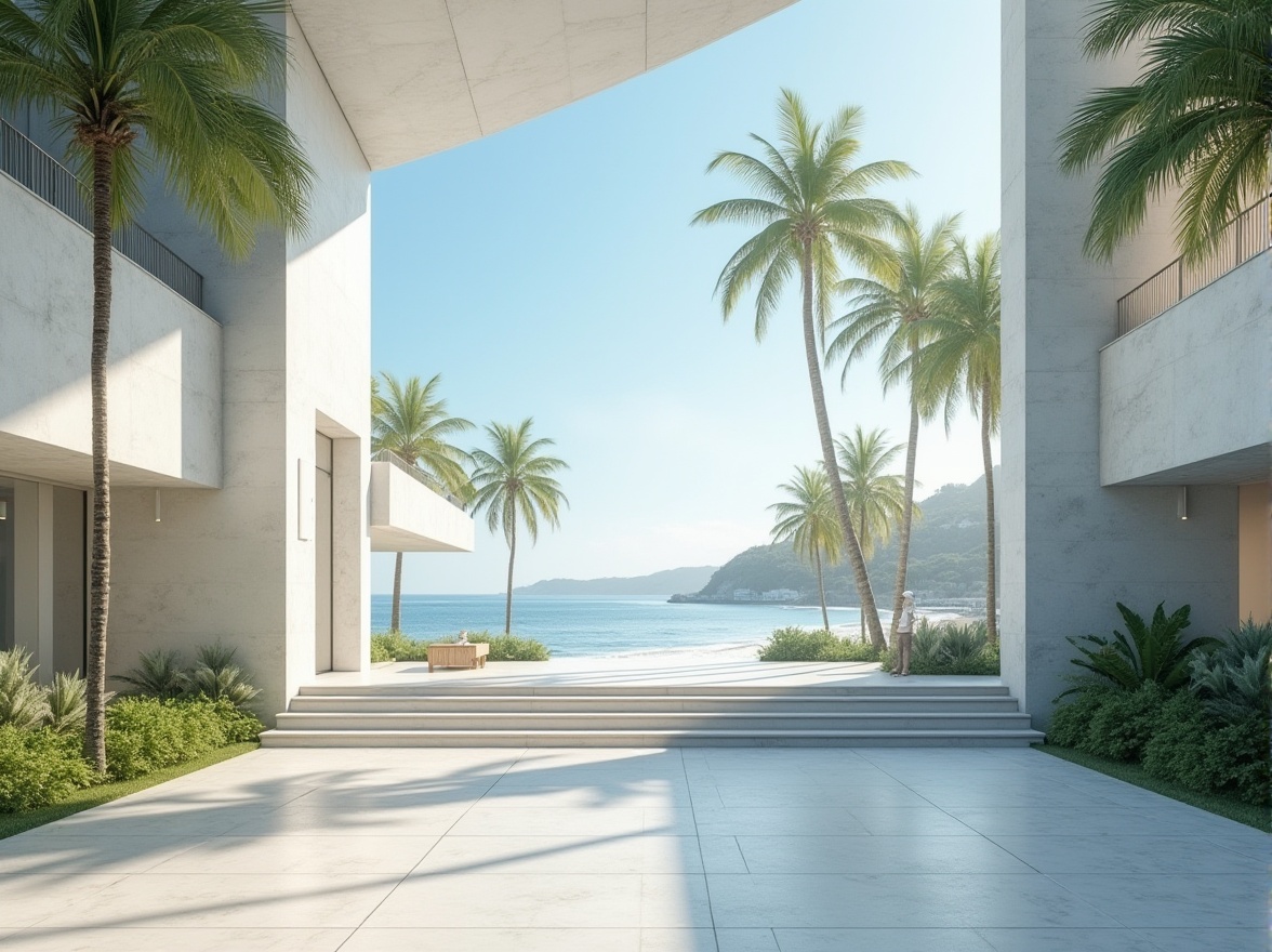 Prompt: Coastal campus design, modern architecture, university building, white marble, column, stairs, ocean view, blue sky, sunny day, palm trees, lush greenery, gentle sea breeze, natural light, soft shadows, warm atmosphere, 3/4 composition, low-angle shot, ambient lighting, cinematic mood.