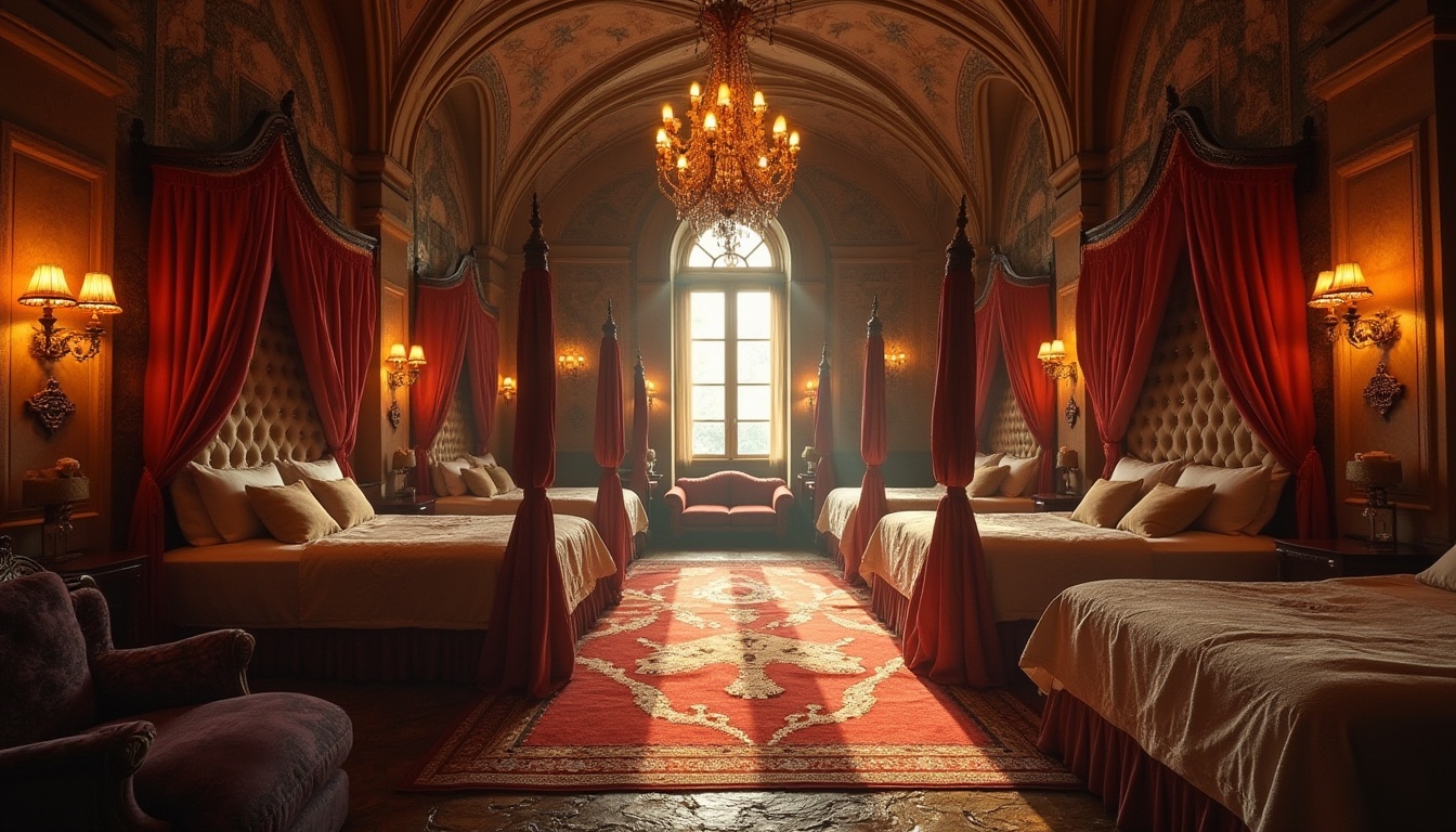 Prompt: Byzantine style dorm, grandiose chandeliers, ornate lamps, warm golden lighting, majestic vaulted ceilings, intricate mosaics, luxurious velvet drapes, regal four-poster beds, richly patterned rugs, solemn atmosphere, late afternoon sunbeams, soft window light, dramatic shadows, Baroque-inspired furniture, antique door handles, lavish wall decorations, mysterious ambiance, symmetrical composition, warm color palette.