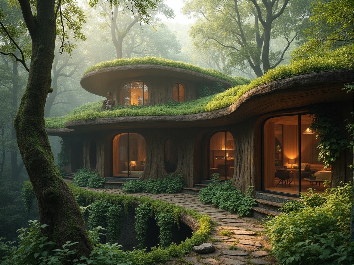 Prompt: Organic architecture, forest elements integrated, natural materials, wooden structures, curved lines, earthy tones, green roof, living walls, vines crawling up, moss covering, stone foundation, large windows, blending into surroundings, serene atmosphere, misty morning, soft sunlight filtering through trees, subtle shadows, 3/4 composition, warm color palette, realistic texture, cinematic lighting.