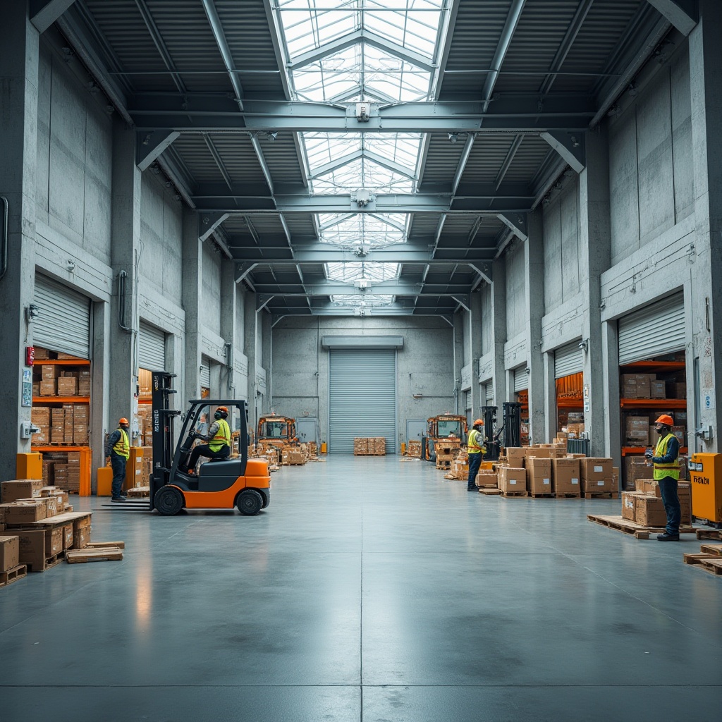 Prompt: Modern distribution center, industrial building, masonry materials, grey concrete walls, steel beams, large windows, roller shutter doors, loading docks, forklifts, pallets, crates, boxes, busy workers, reflective vests, hard hats, safety goggles, daytime, natural light, soft shadows, 3/4 composition, panoramic view, realistic, ambient lighting.