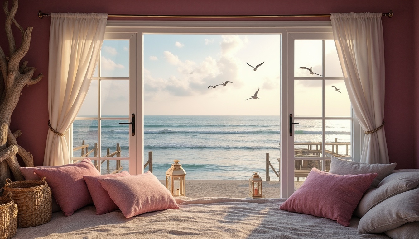 Prompt: Coastal scenery, plum accent wall, driftwood, ocean view, calm waves, seagulls flying overhead, sandy beach, beach towels, woven basket, nautical rope, weathered wooden pier, vintage lanterns, plush plum-colored pillows, linen fabrics, natural textures, warm golden lighting, shallow depth of field, peaceful atmosphere, 3/4 composition, soft focus.